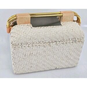 Vtg Rodo Italy Woven Wicker Straw Clutch Bag 3-Tone Gold Peach Pushlock 9x7"